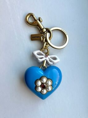 COACH Blue Heart BagCharm/Keyring w/ White Bow, Pearl Flower, Gold Hardware - OS